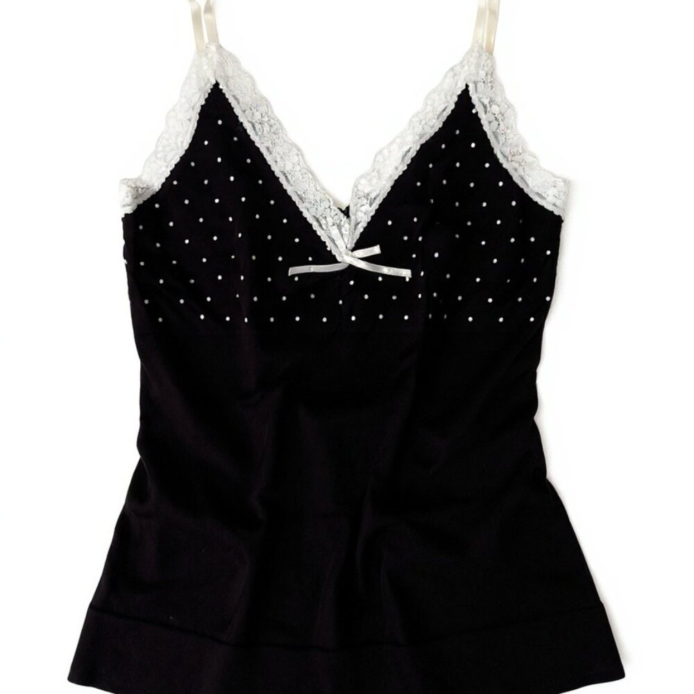 $10 SALE Women's Black V Neck Camisole with White Lace Trim and White Polka Dots